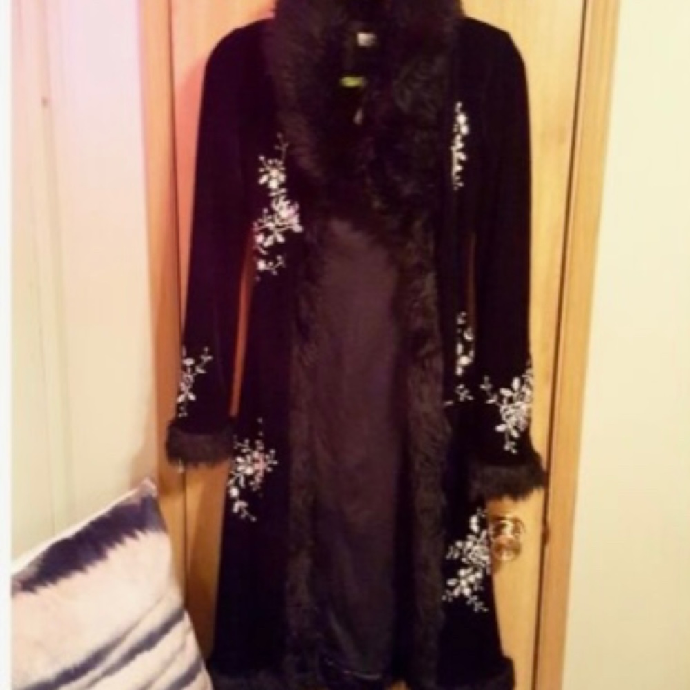 ISO- black velvet embroidered coat from White House Black Market